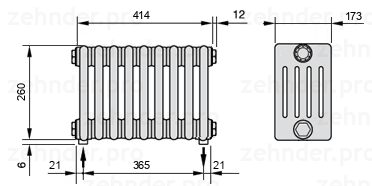 Схема (чертеж) Радиатор Zehnder Charleston 5026/9 №5310 Белый глянцевый RAL 9016